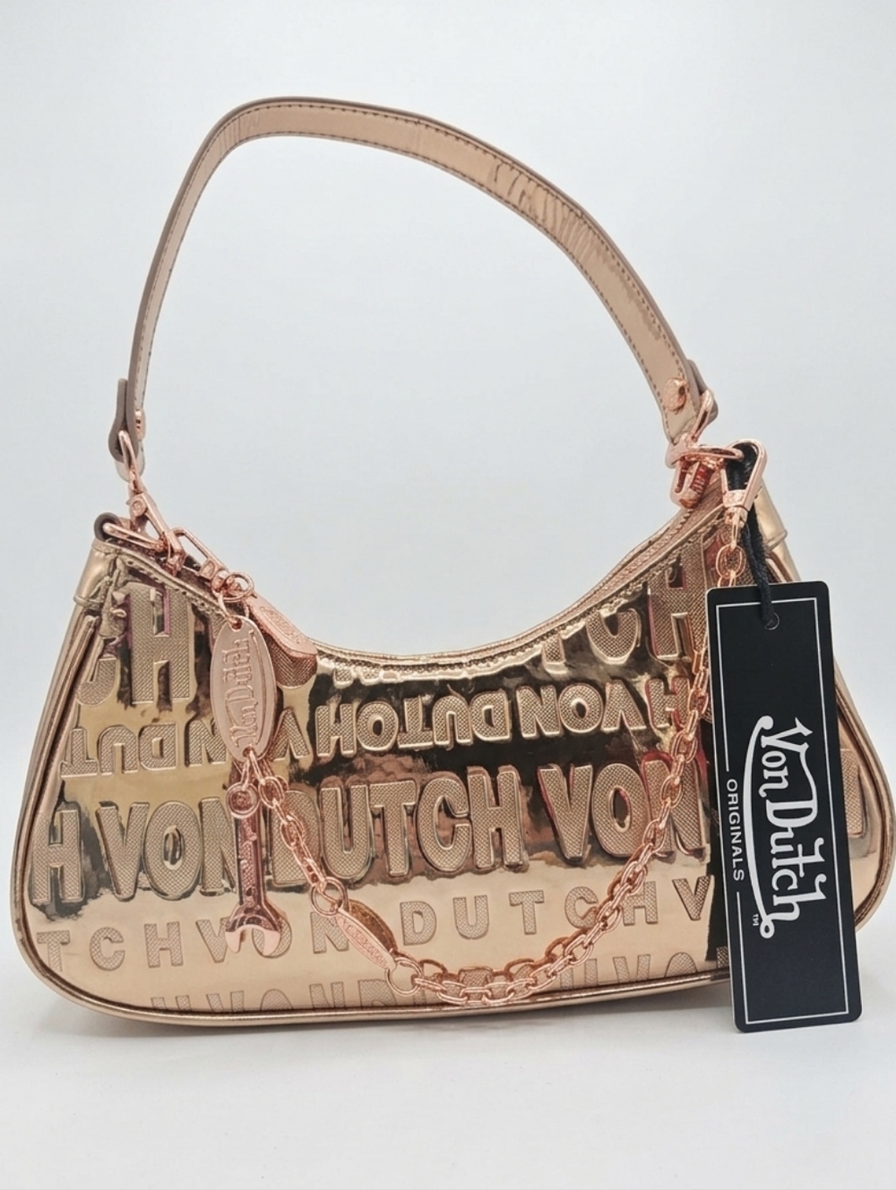 Von Dutch Rose Gold Metallic Embossed Monogram Baguette Bag – NWT Y2K Aesthetic